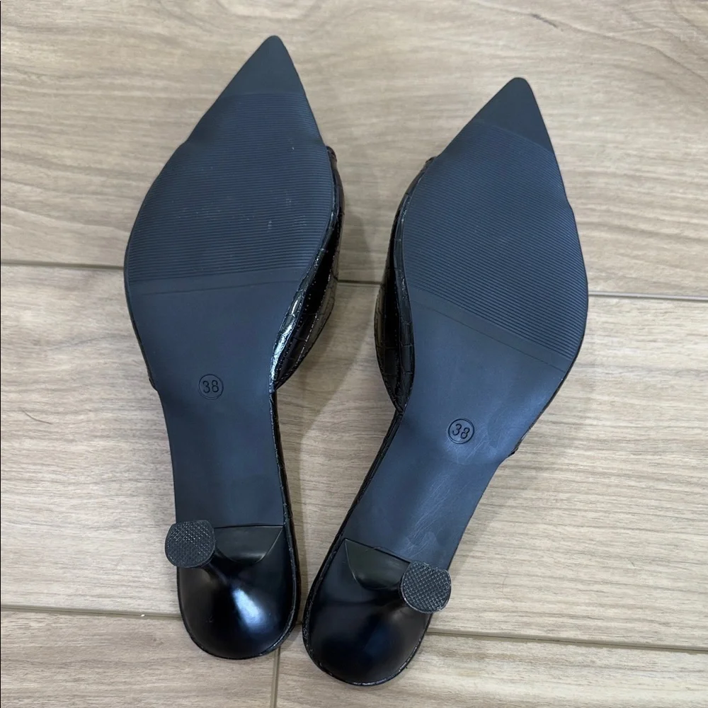 SHEIN Black Croc-Embossed Pointed Toe Mule Heels